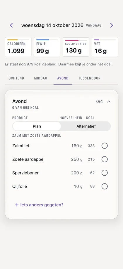 Het voedingsschema van vandaag in de app van het lid